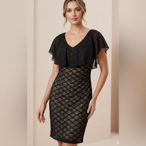 NWT Boutique Black & Nude undertone Sheath Midi Dress w/Flutter Sleeves & V-Neck